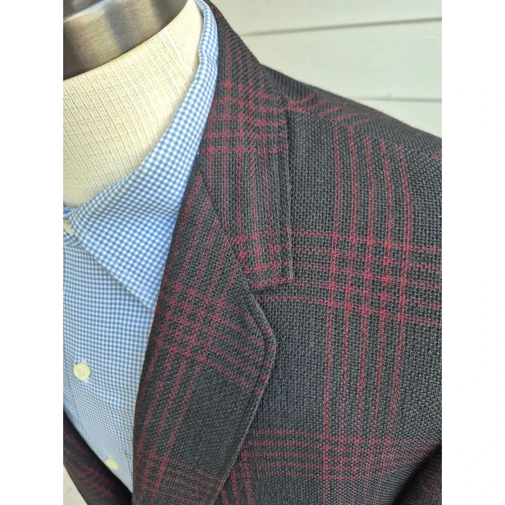 Hickey Freeman Customized Mens Plaid Blazer Sport Coat Black Red Sz 44 R‎ VTG